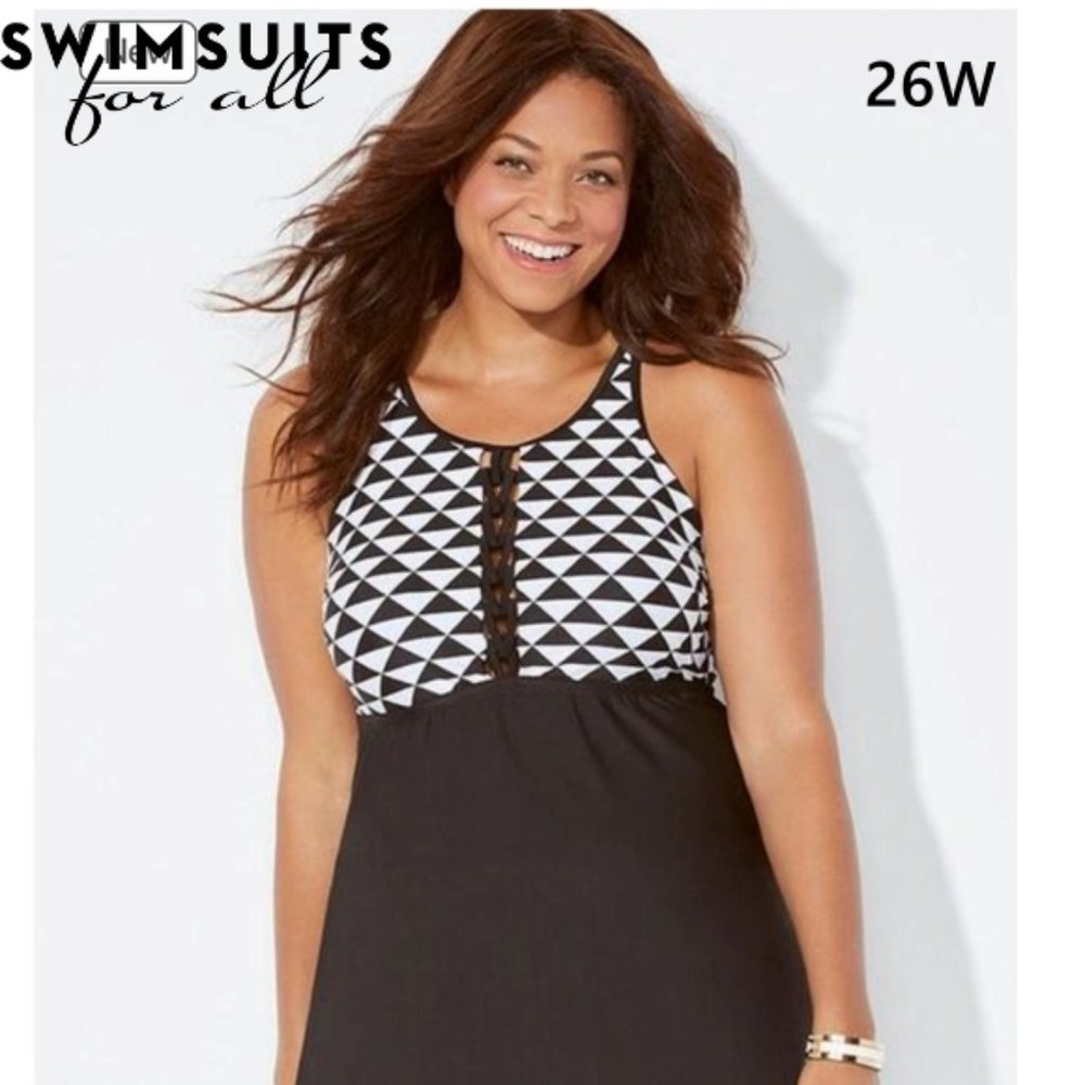 Swimsuits For All Black and White Geometric Tank Swimdress